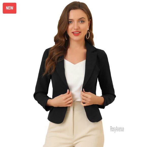 Open Front Crop Blazer - Polyester Spandex - Office Casual Wear